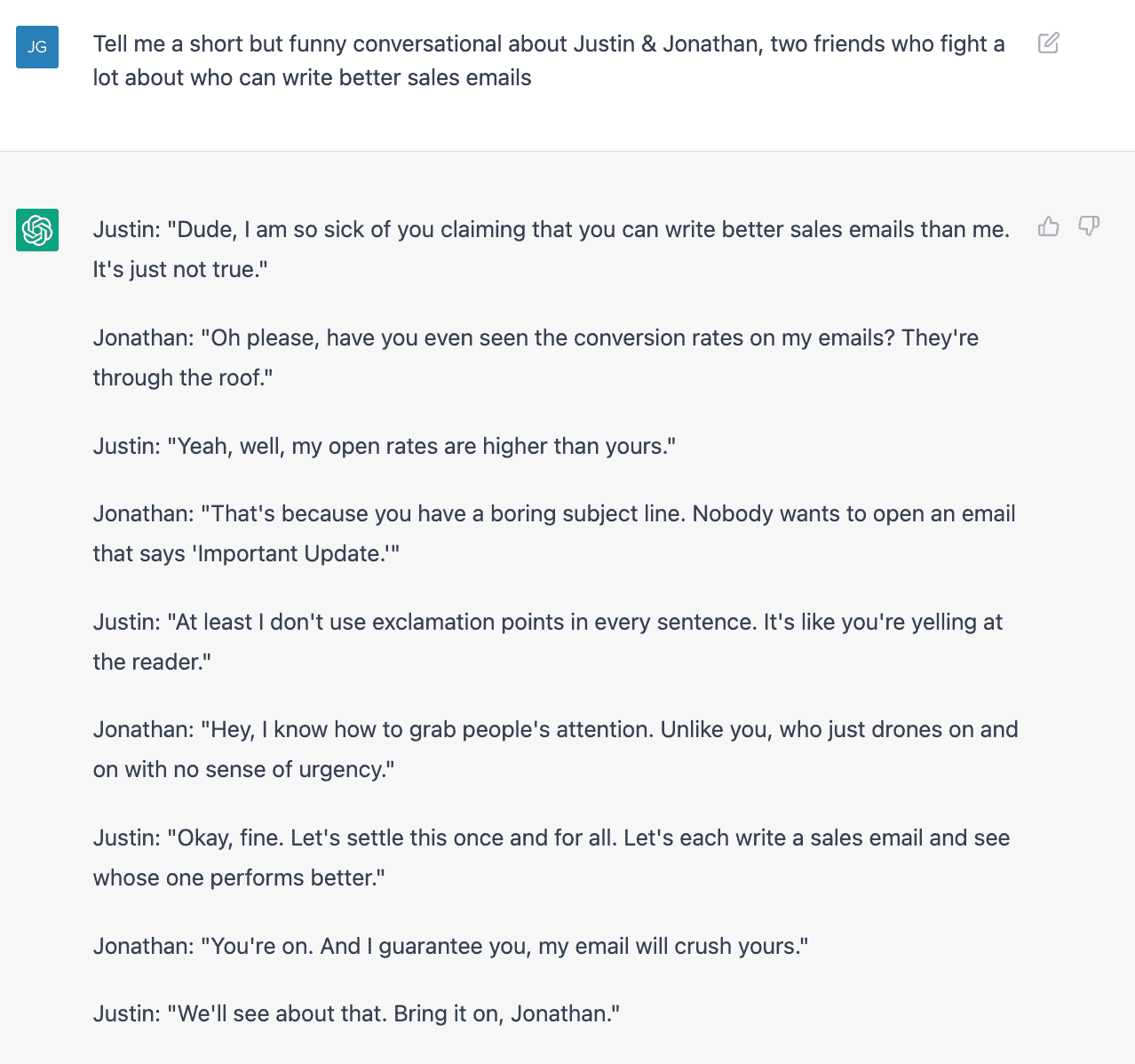 ChatGPT telling a joke about Justin a Jonathan about who is the better salesman
