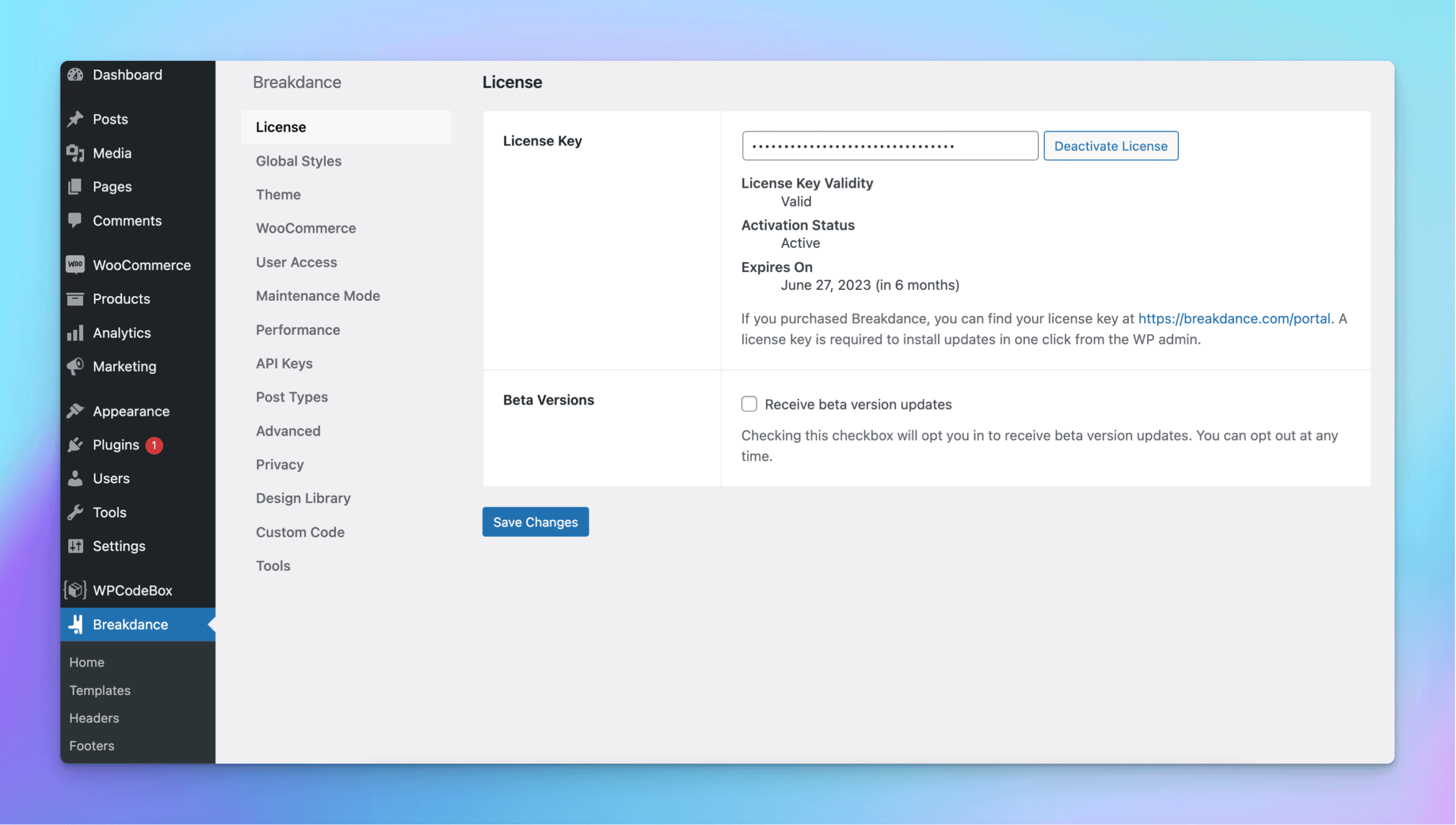 Breakdance builder license setting page