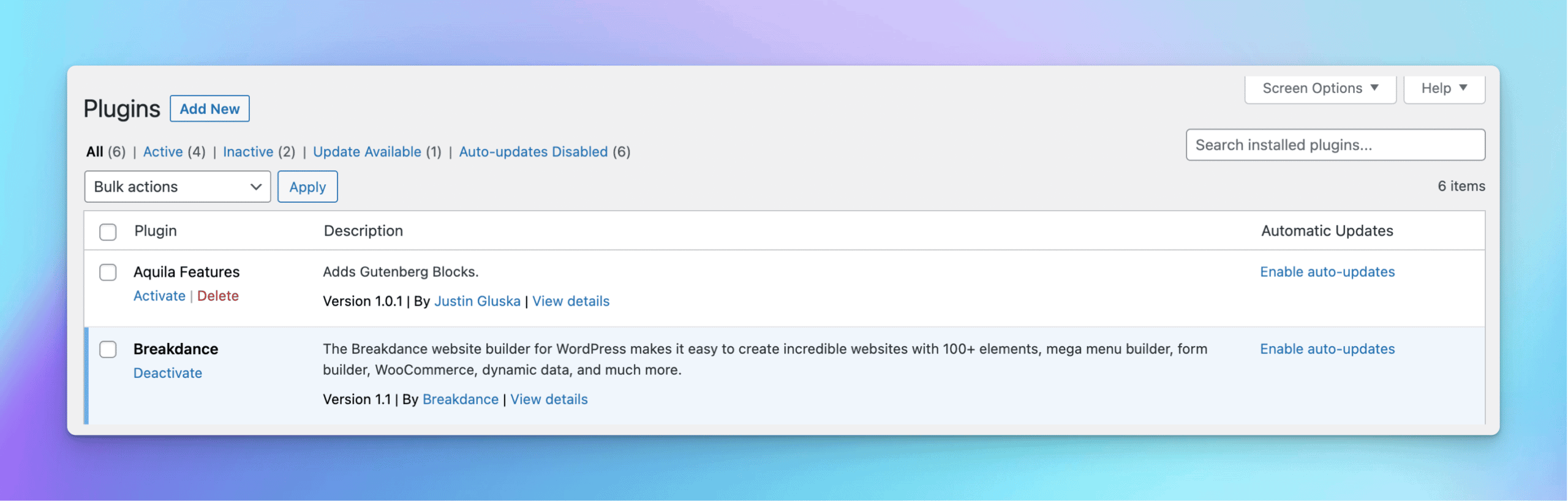 breakdance builder on WordPress plugin dashboard