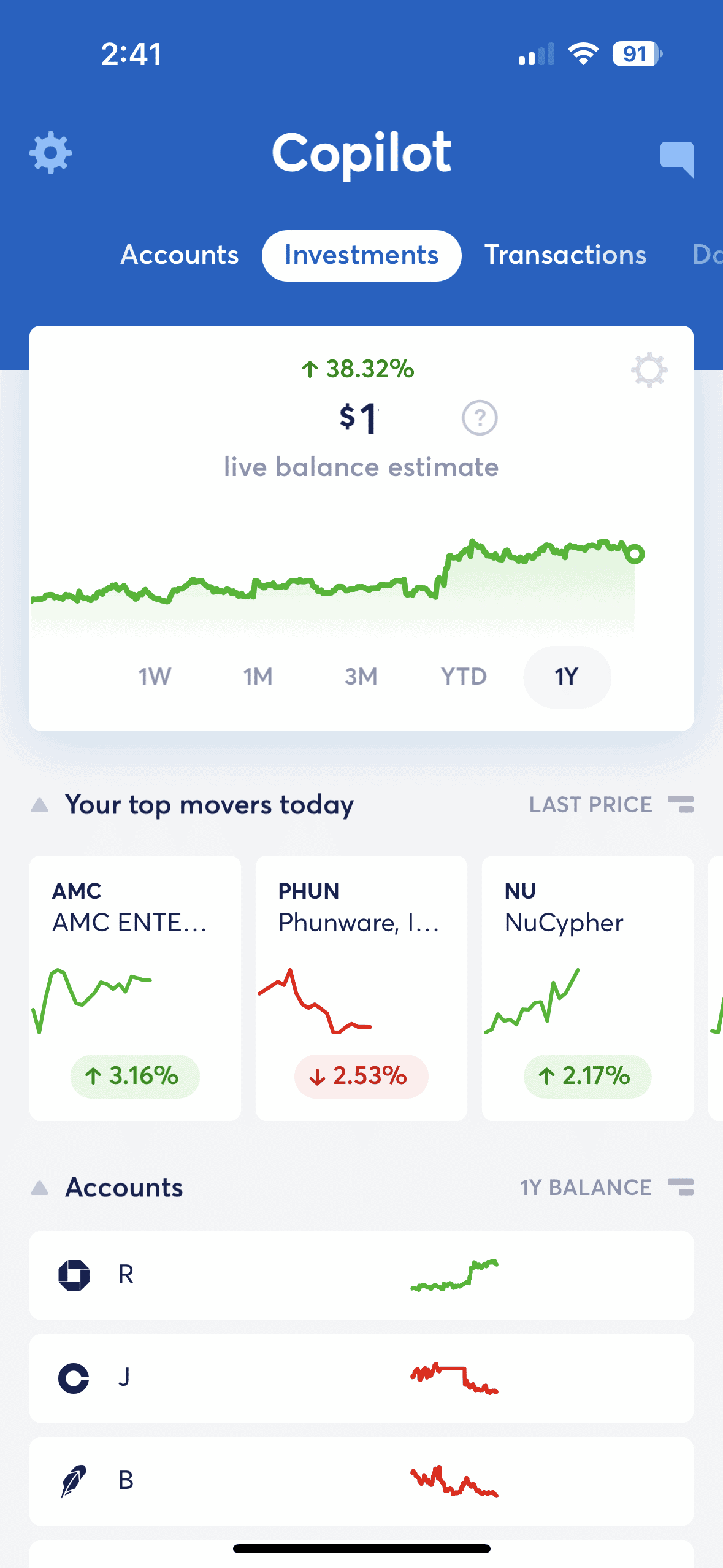 investment live balance estimate showing all accounts in copilot mobile app
