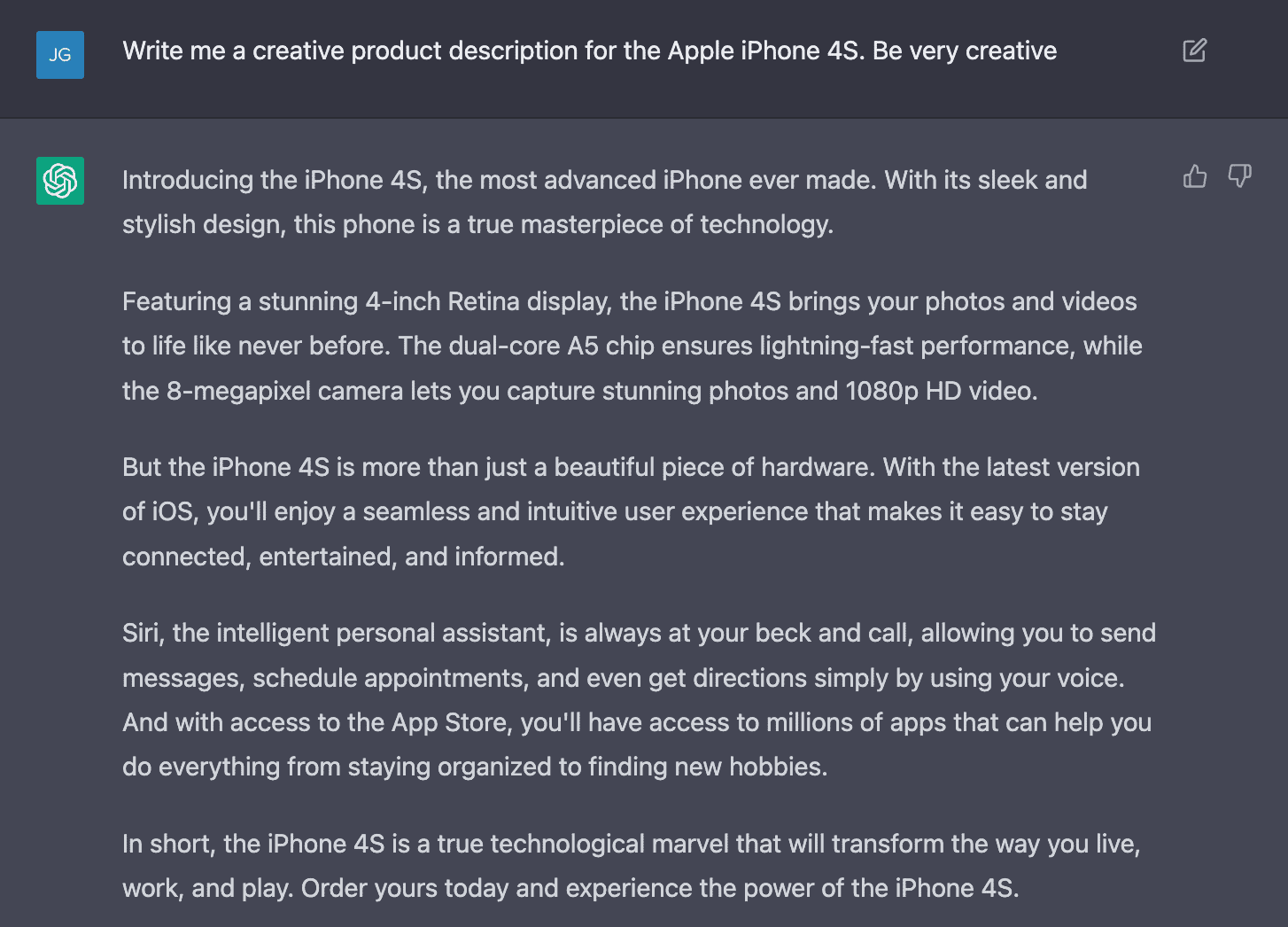 a creative description of the iPhone 4S using ChatGPT
