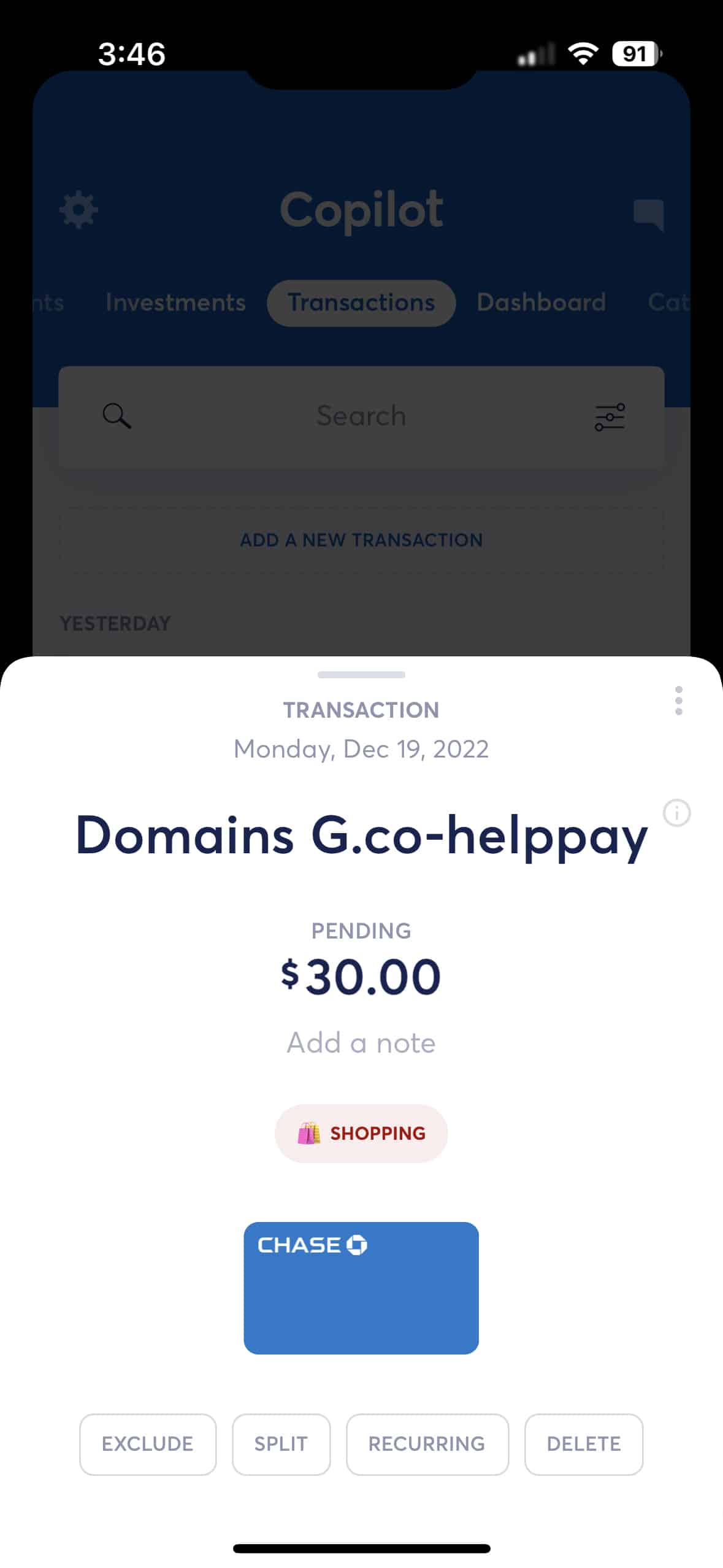 individual transaction detail on copilot mobile app