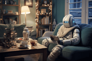 a cute robot coding in a matrix-style living room in his house in the middle of a reykavik winter