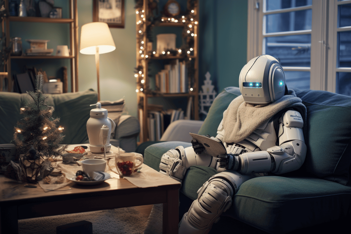 a cute robot coding in a matrix-style living room in his house in the middle of a reykavik winter