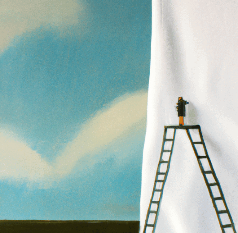 A very small painter designing a painting on a really large canvas. On a ladder very high into the air. As an oil painting