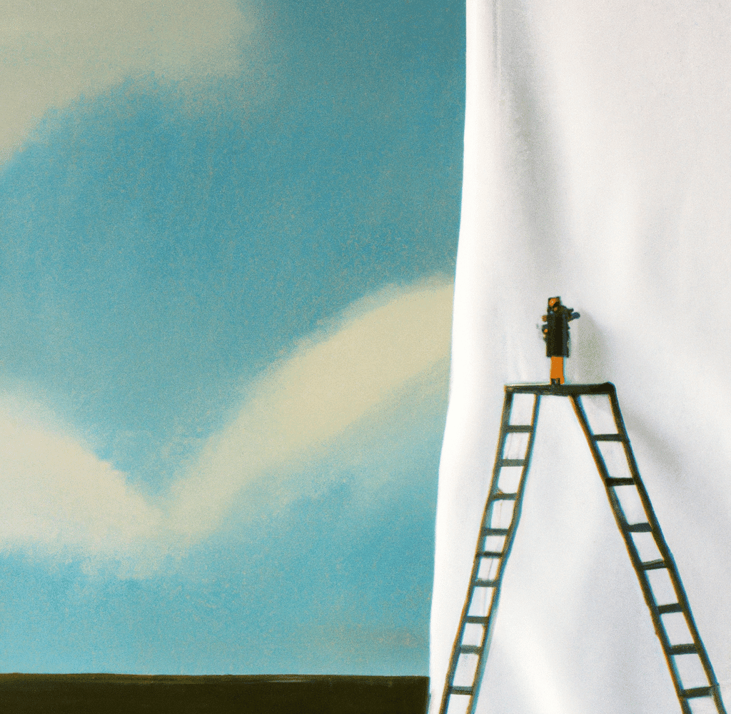 A very small painter designing a painting on a really large canvas. On a ladder very high into the air. As an oil painting