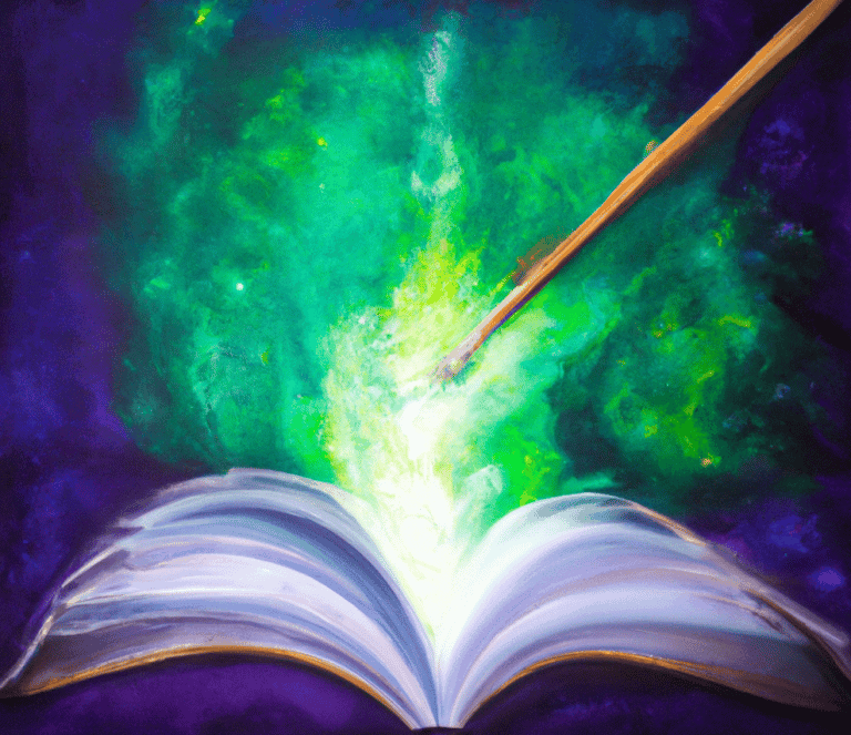 An expressive oil painting of a book with a pencil on it, sitting on a table, depicted as an explosion of nebula explosion