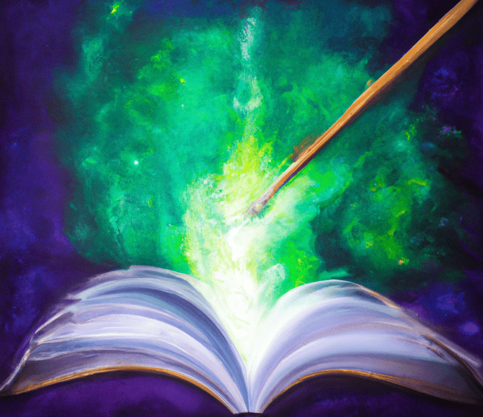 An expressive oil painting of a book with a pencil on it, sitting on a table, depicted as an explosion of nebula explosion