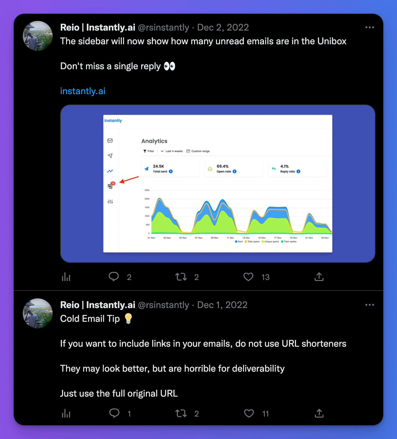 Reio, instantly.ai founder recent tweets