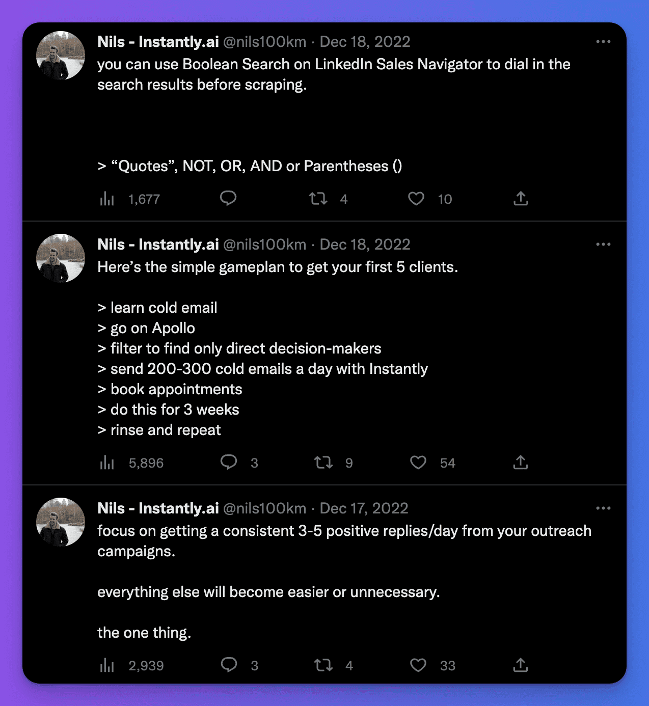 Nils, instantly.ai founder recent tweets