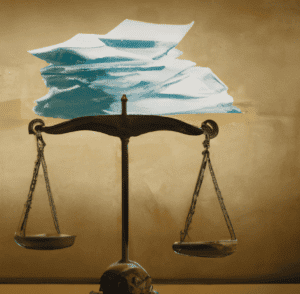 a bunch of papers inside a scale sitting inside a courtroom, as digital art in a professional manner