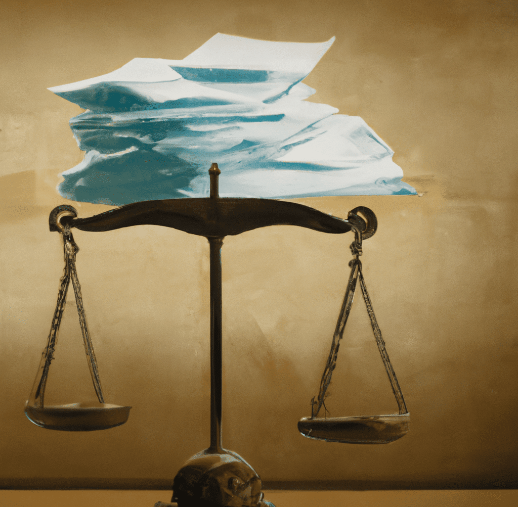 a bunch of papers inside a scale sitting inside a courtroom, as digital art in a professional manner