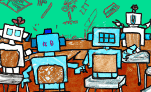 a bunch of robots sitting in their seats at desks in a school classroom, with a view of a chalkboard in the background, drawn as memphis, 1980s style
