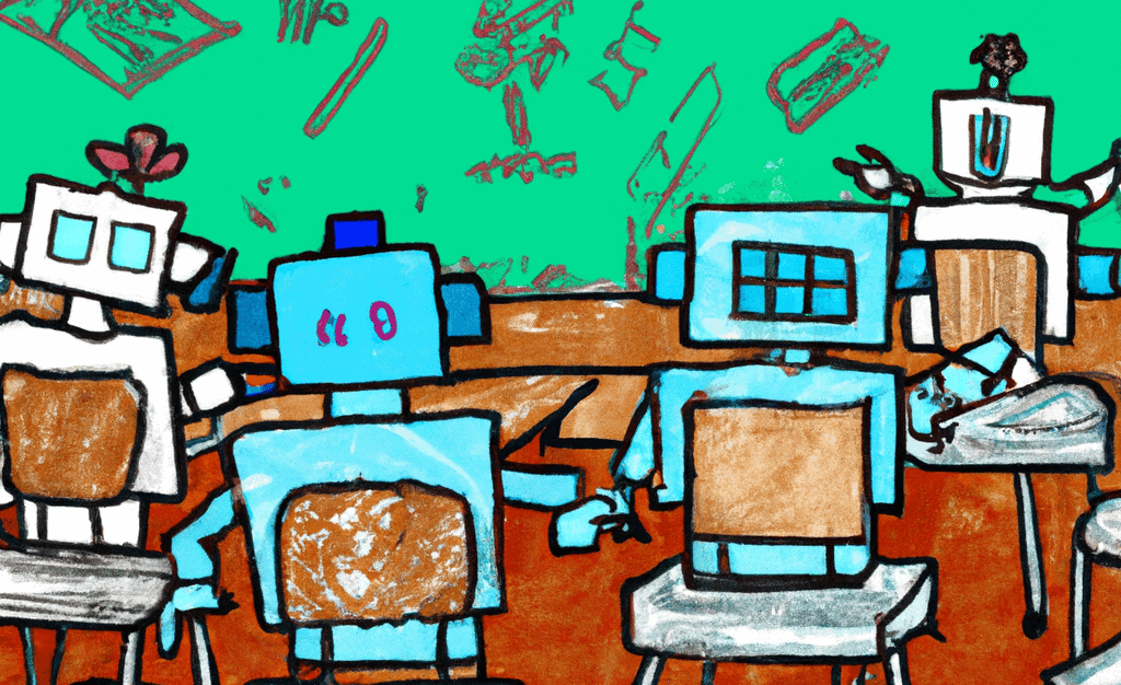 a bunch of robots sitting in their seats at desks in a school classroom, with a view of a chalkboard in the background, drawn as memphis, 1980s style