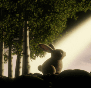 a bunny alone in the middle of the forest. with a spotlight on it looking down from the sky. in photorealistic digital art form 4k