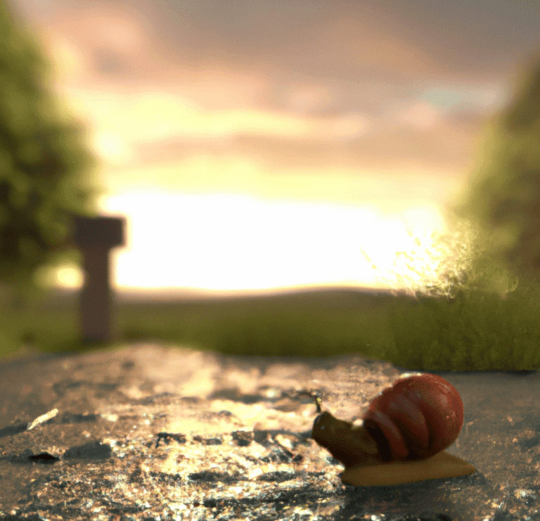 a snail moving on a sidewalk, headed directly into the sunset leaving a wet trail behind them. the snail is surrounded by nature as 4k digital art