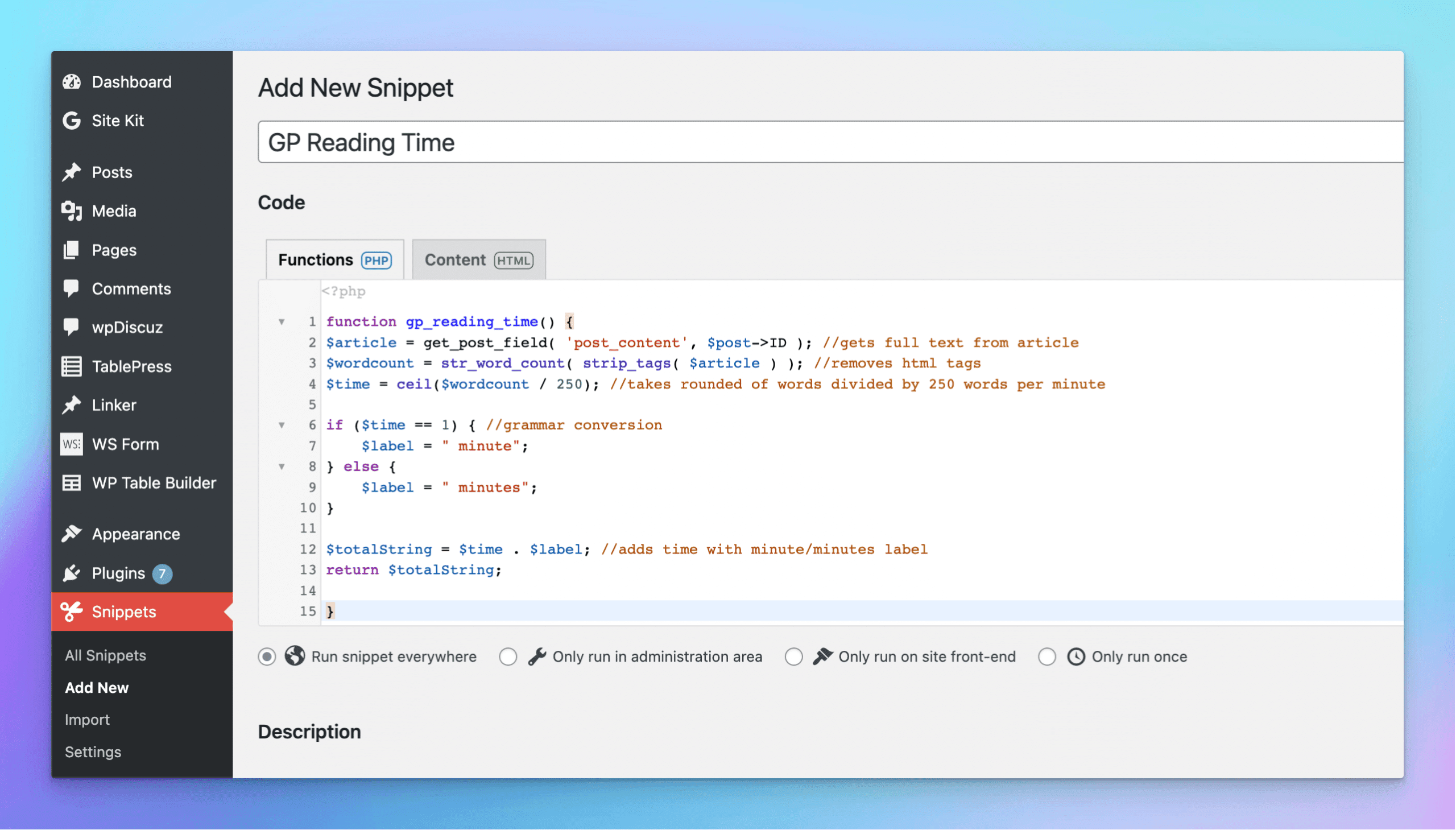 adding reading time in wordpress without using a plugin using snippets plugin