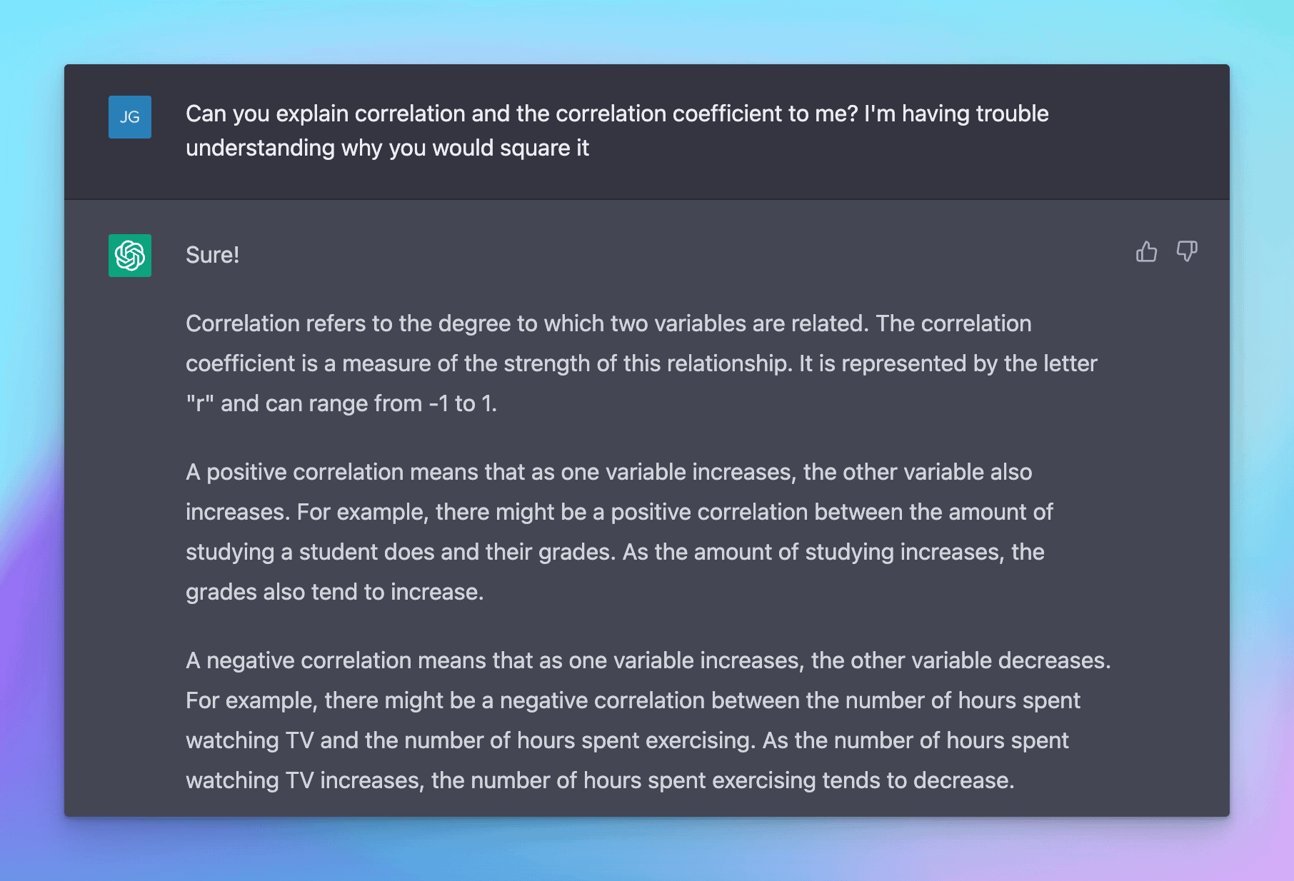 ChatGPT explaining statistical correlation and correlation efficient in an easy and understandable way