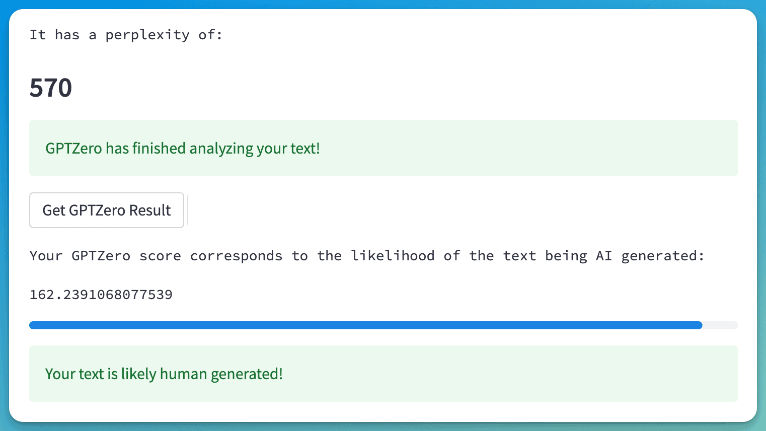 GPTZero showing high sentence perplexity and burtiness, very likely human-generated content