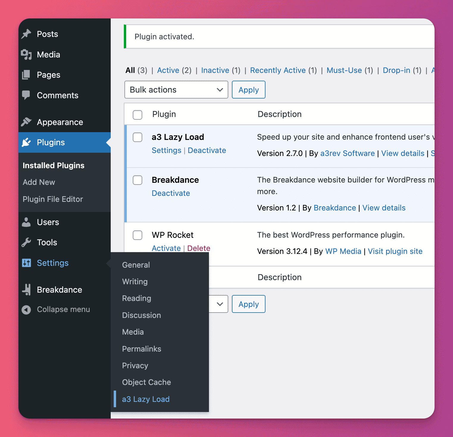 a3 Lazy Load plugin location on WordPress website with Breakdance Builder installed