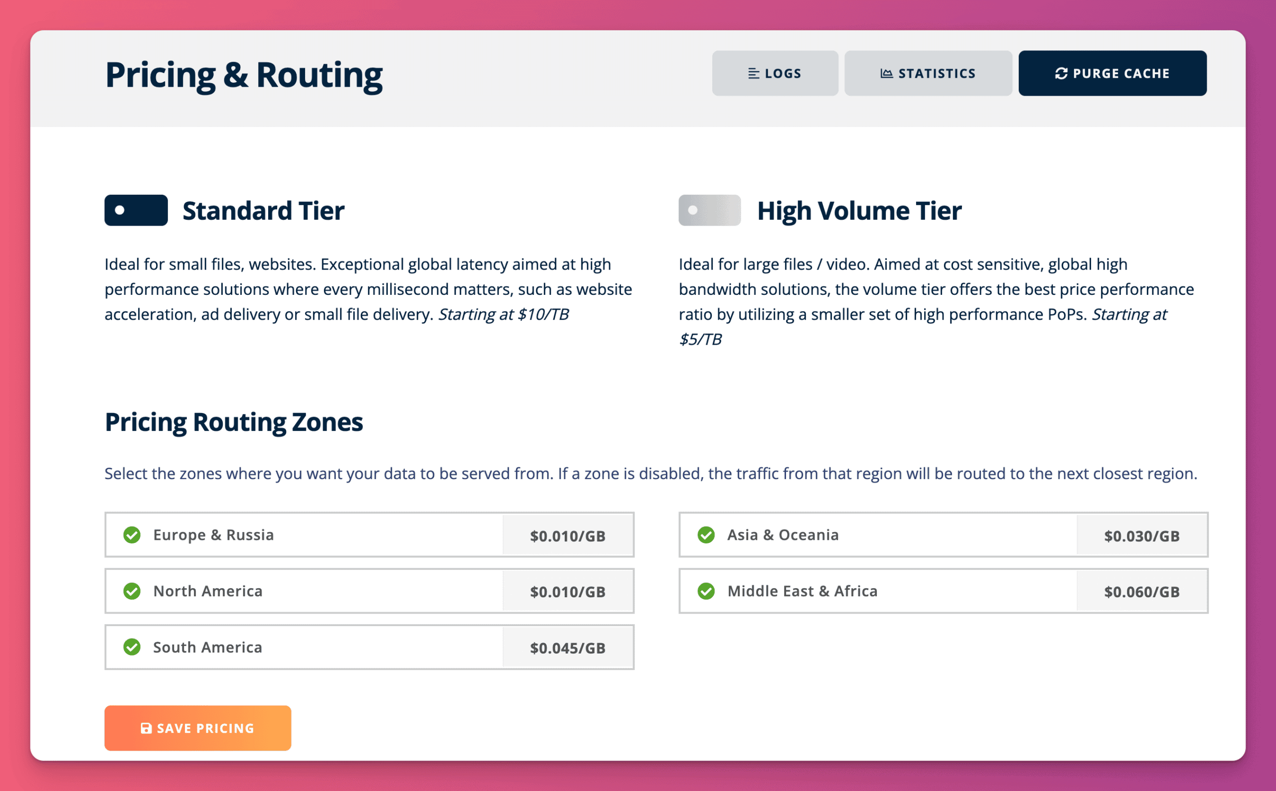 Bunny.net pricing and routing screen, allowing you to select which regions of the world the CDN should be enabled in.