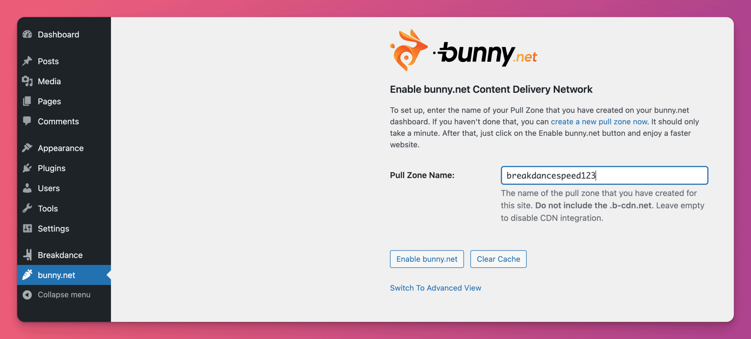 WordPress admin panel showing bunny.net pull zone set up (using Bunny.net free WordPress plugin)