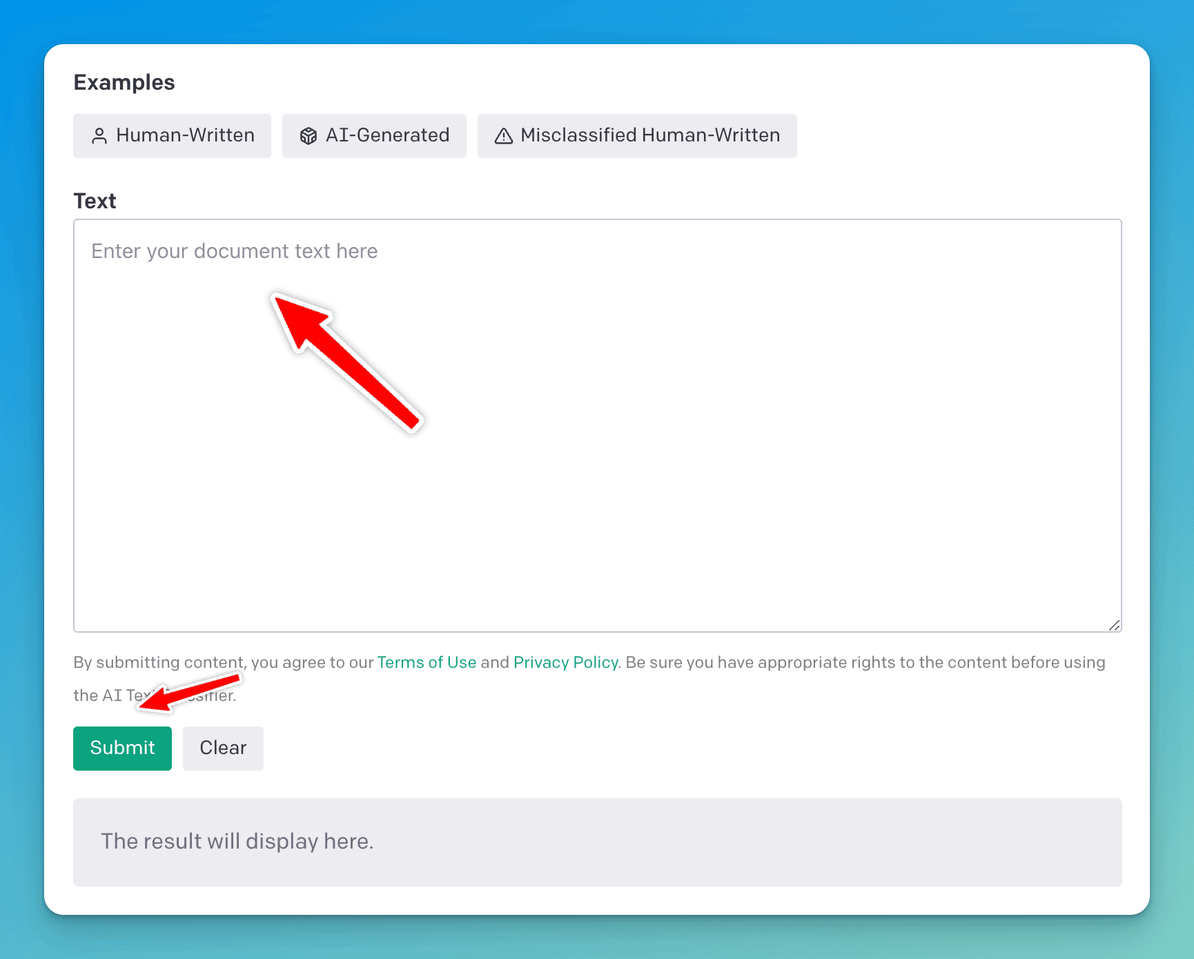 OpenAI text classifier to help determine AI text. The input box is currently empty