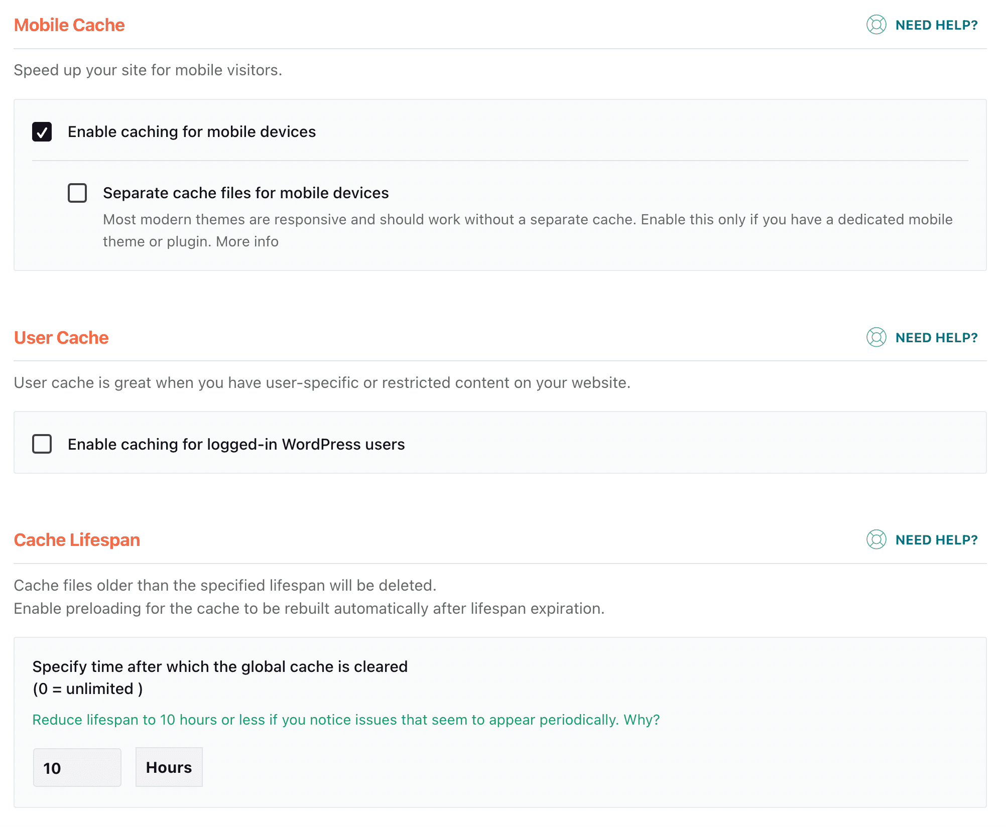 caching settings to enable for breakdance builder website with WProcket (enable mobile device caching and setting time to 10 hours)