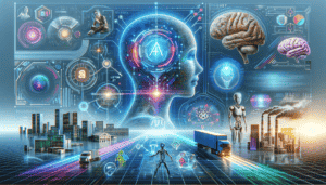 A wide, futuristic digital collage featuring various elements representing AI and technology, made with DALL-E 3