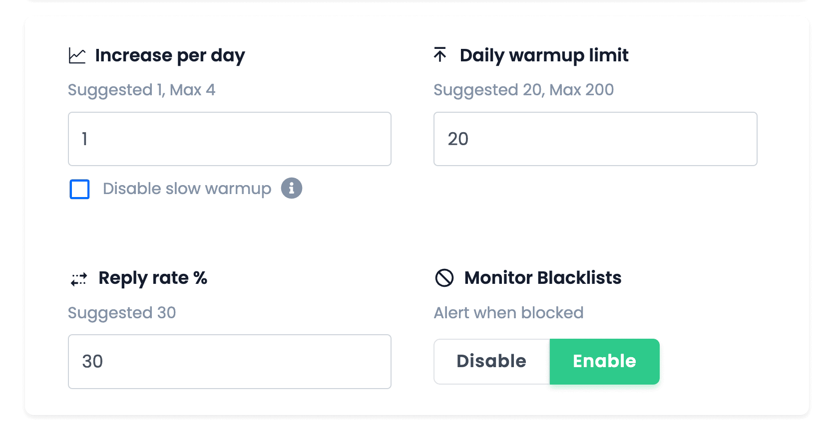 Instantly AI email warmup increasing by 1 email a day, 20 warmup limit, with a 30% reply rate.