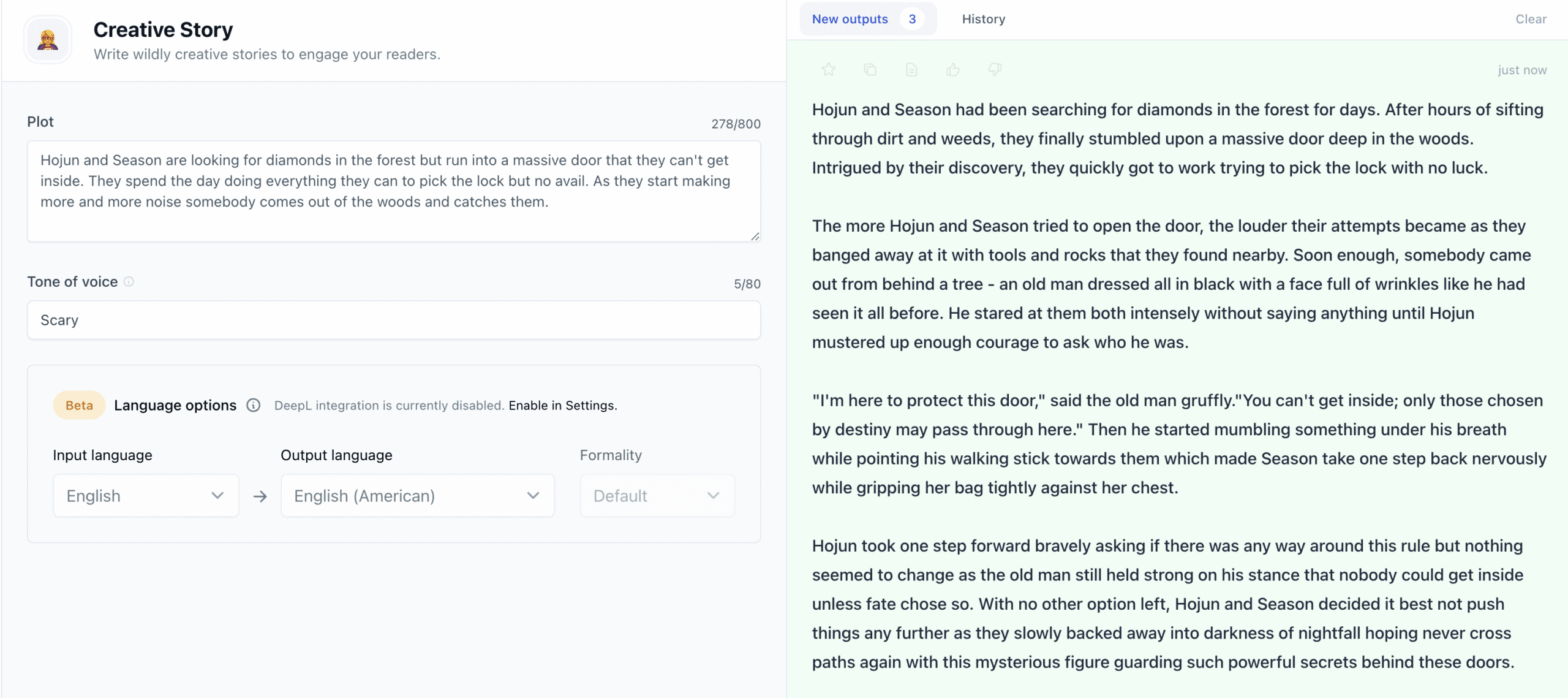 Creative story template writing a scary book example with Jasper AI