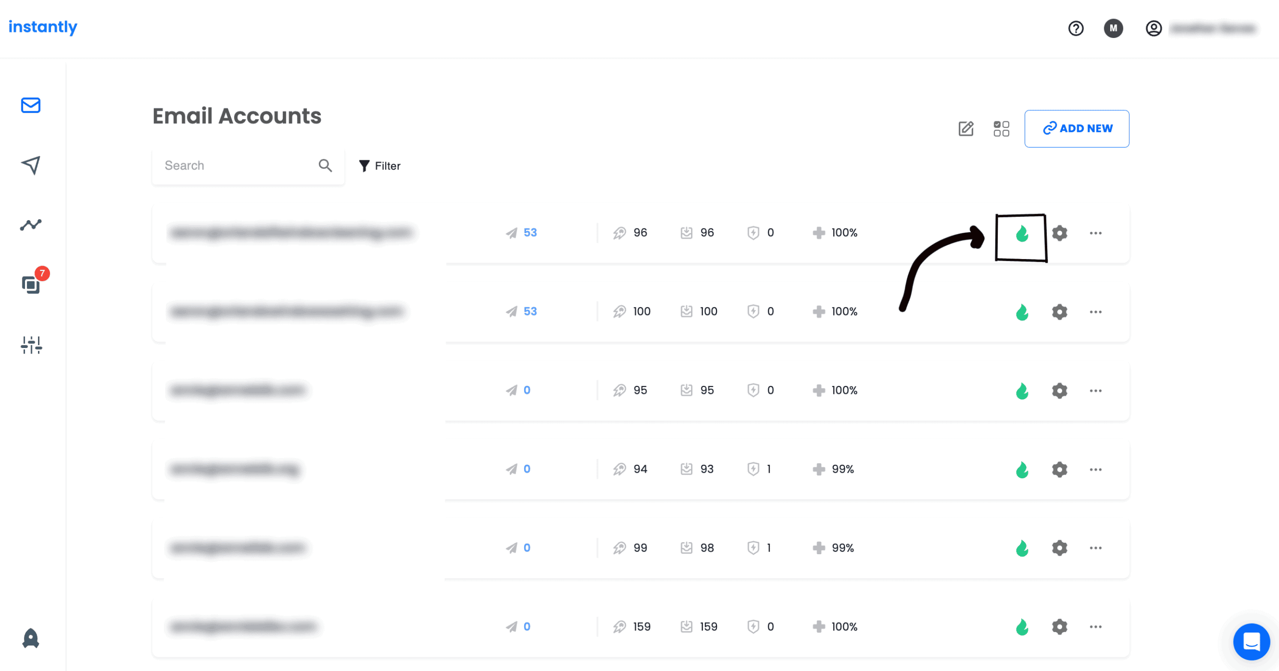 Turning on Email Warming in Instantly.AI by clicking the grey flame icon.