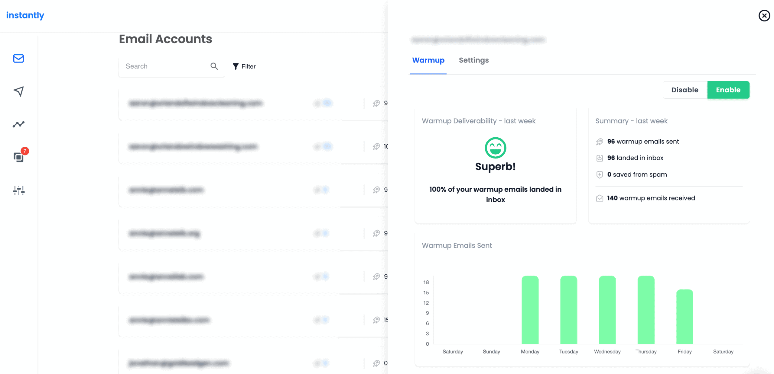 Instantly ai warmup settings showing 100% of emails landing in inbox (none directed to spam)