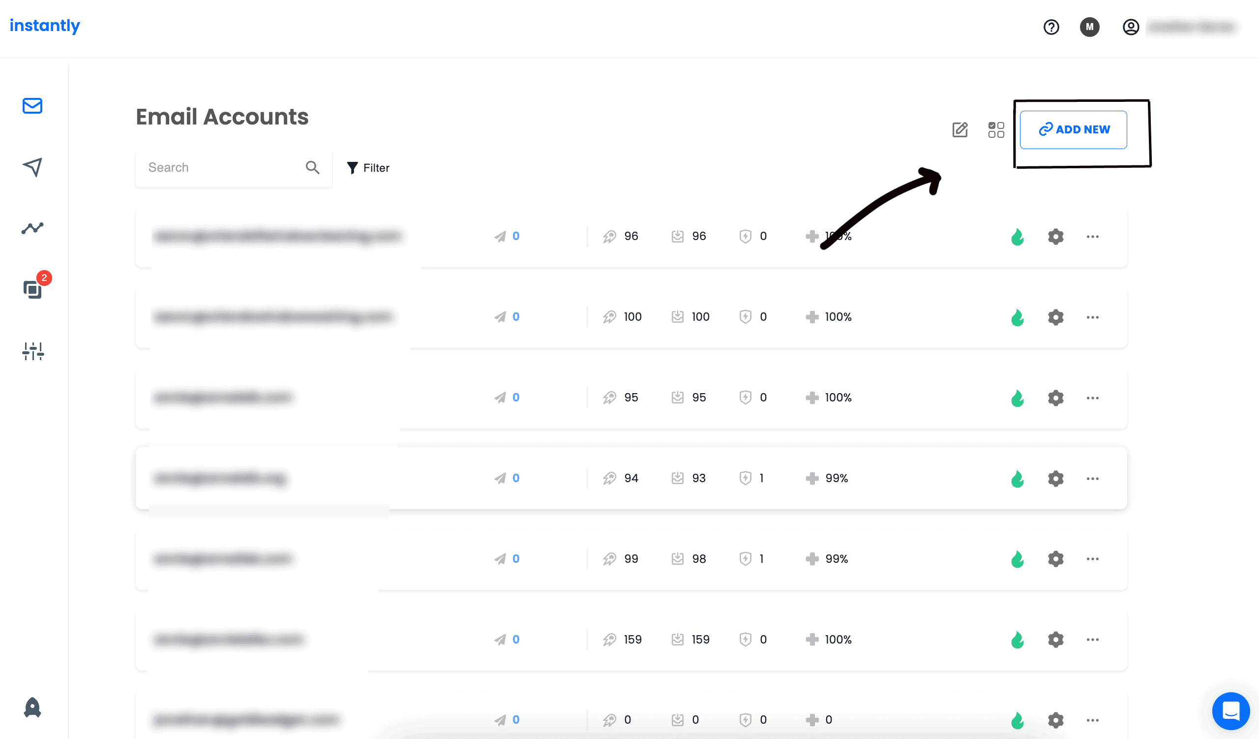 Add New button on Instantly.AI email accounts page