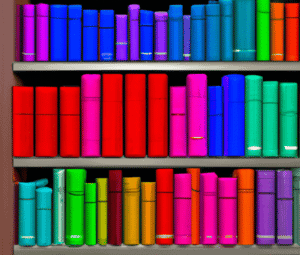 a bunch of colorful books on a bookshelf in a library as digital art