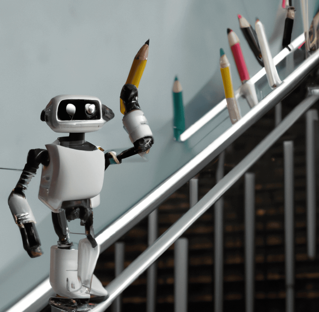 a robot holding a pencil going up an escalator of other robots holding a pencil. photorealistic but simple environment photo in 4k
