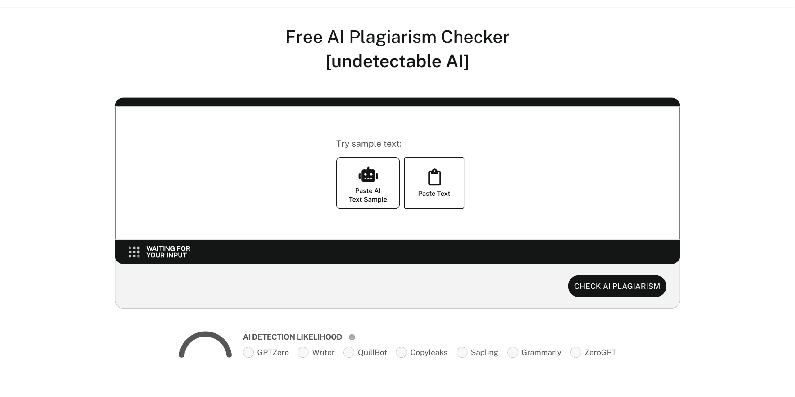 Undetectable AI plagiarism detector page with the main checker interface