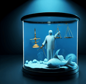 3D render of a lawyer figurine in an aquarium on a dark blue background, digital art