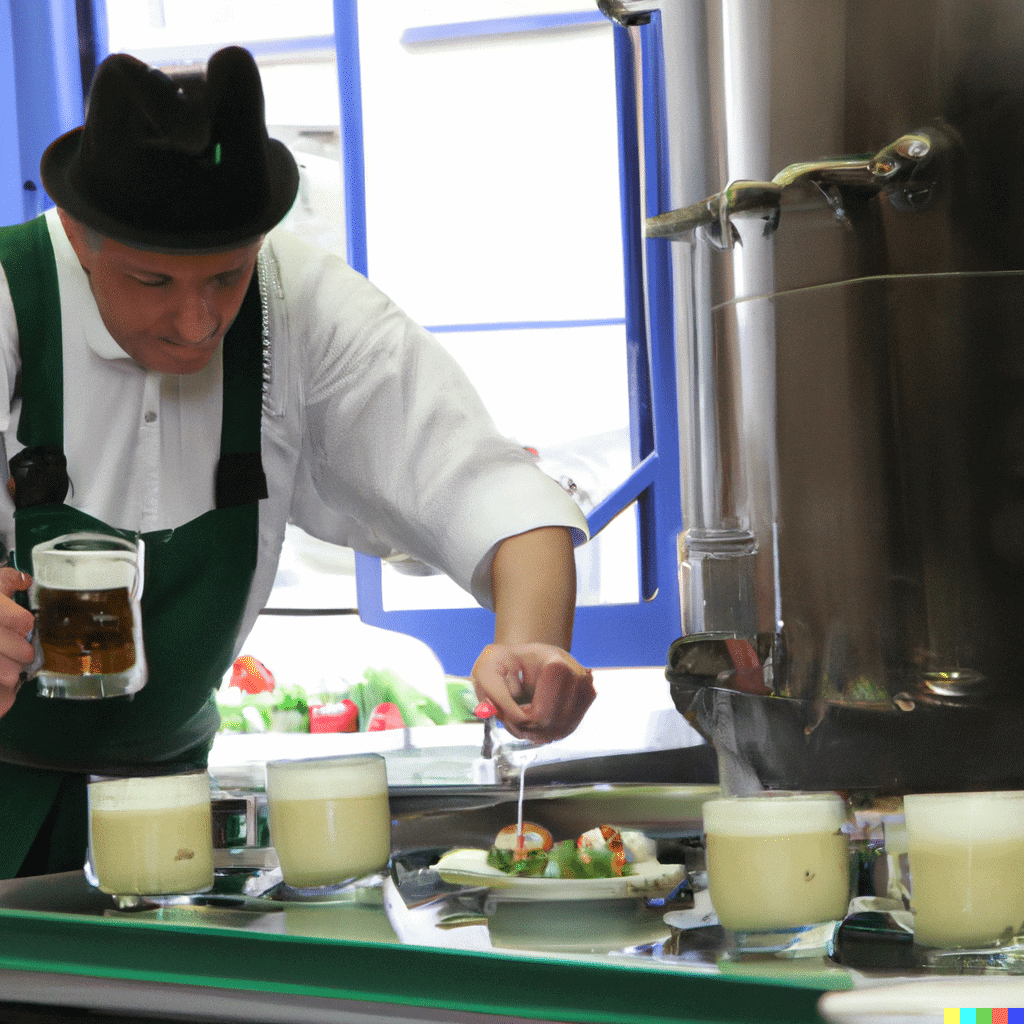 DALL-E 2.0 prompt - a german chef cooking in the kitchen outside of a restaurant in Munich during oktoberfest