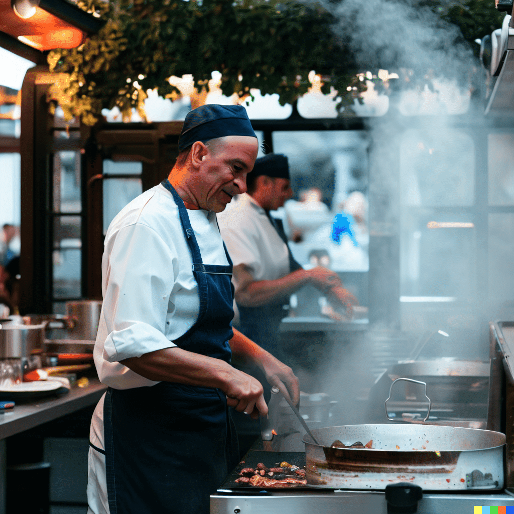 DALL-E experimental prompt - a german chef cooking in the kitchen outside of a restaurant in Munich during oktoberfest