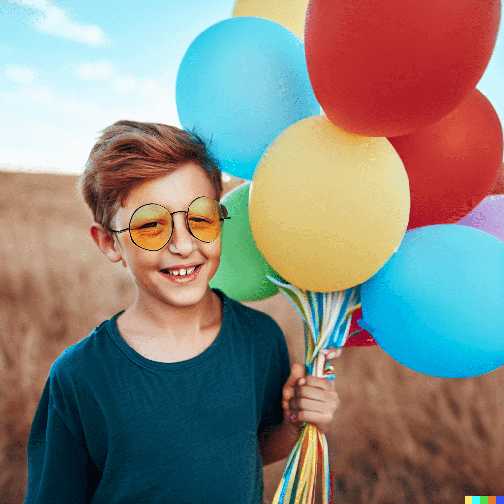 DALL-E experimental prompt - a close up of a smiling boy holding a bunch of colorful balloons in an empty field with grass
