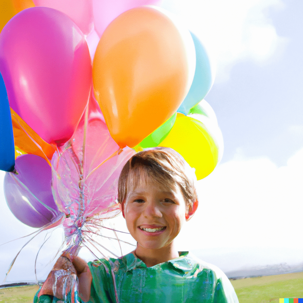 DALL-E 2.0 prompt - a close up of a smiling boy holding a bunch of colorful balloons in an empty field with grass