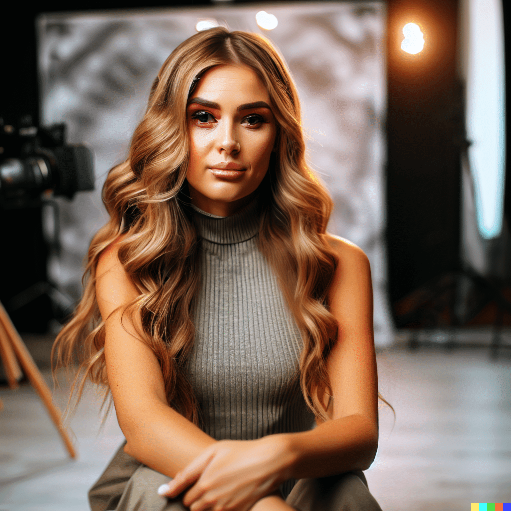 DALL-E experimental prompt - a 4k closeup picture of a model sitting in front of a backdrop of a photoshoot
