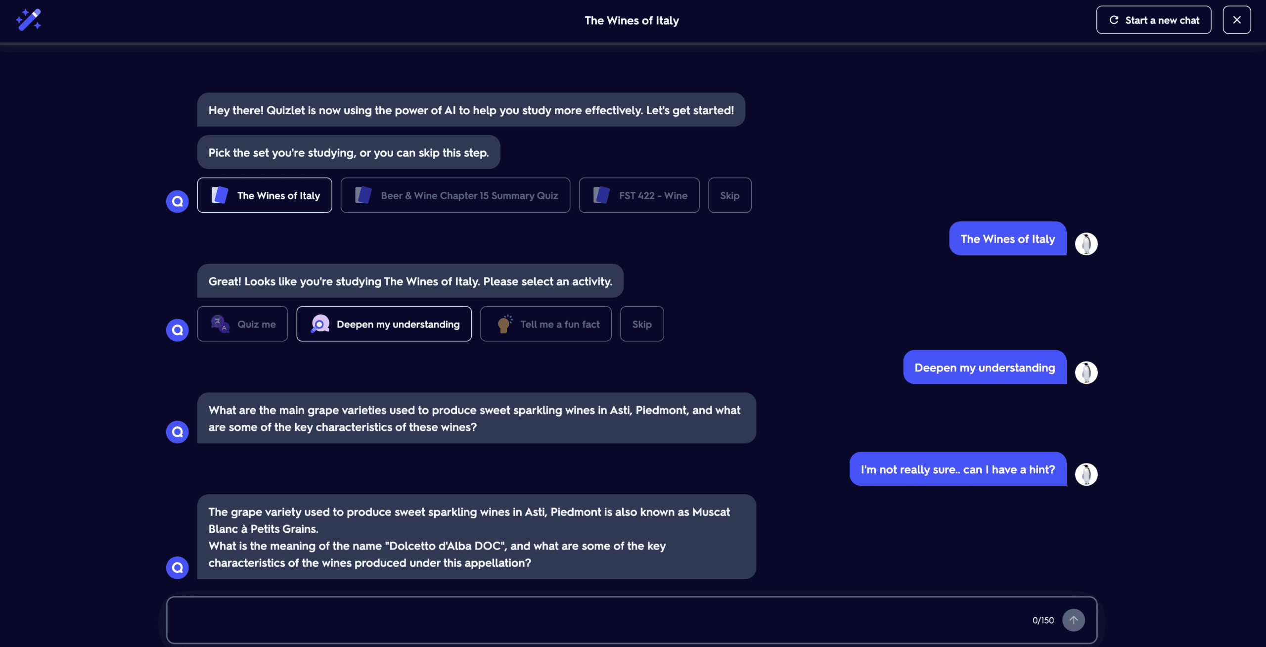 Q-Chat, Quizlet's new AI chatbot to help study having a conversation about Italy.