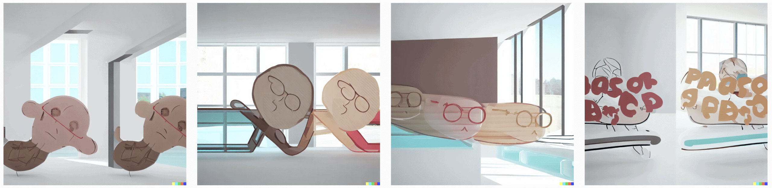 DALL-E experimental prompt - a sunlit indoor lounge area with a pool with clear water and another pool with translucent pastel pink water, next to a big window, digital art