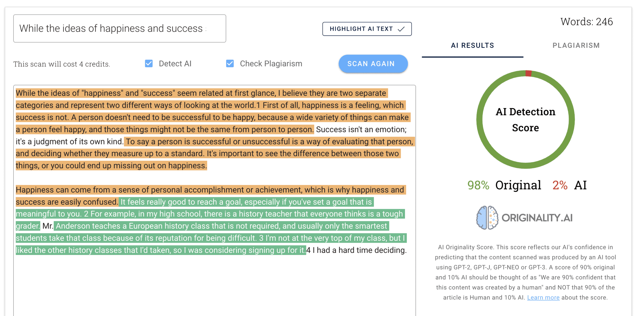Originality AI detection results for student-written essay. Not written with AI