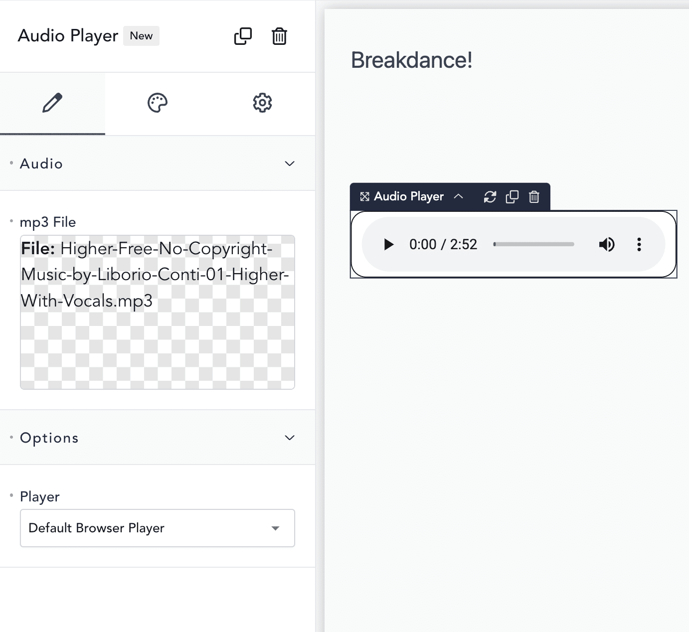 Add Audio to Breakdance Builder WordPress website using Destiny Elements Audio Player Widget