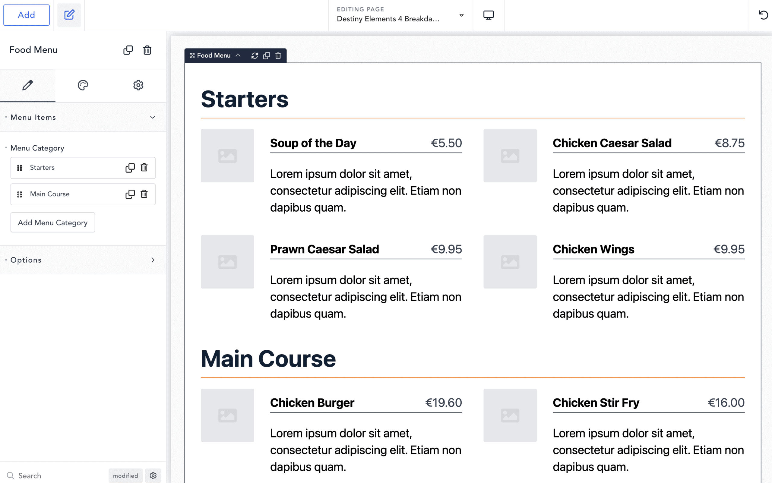 Restaurant Menu Element in Breakdance Builder offered by Destiny Elements for Breakdance showcase