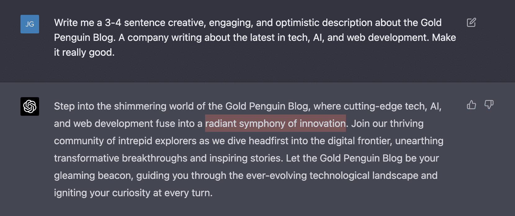 ChatGPT running GPT-4 models, giving a detailed description about the Gold Penguin blog at a very creative and engaging level.