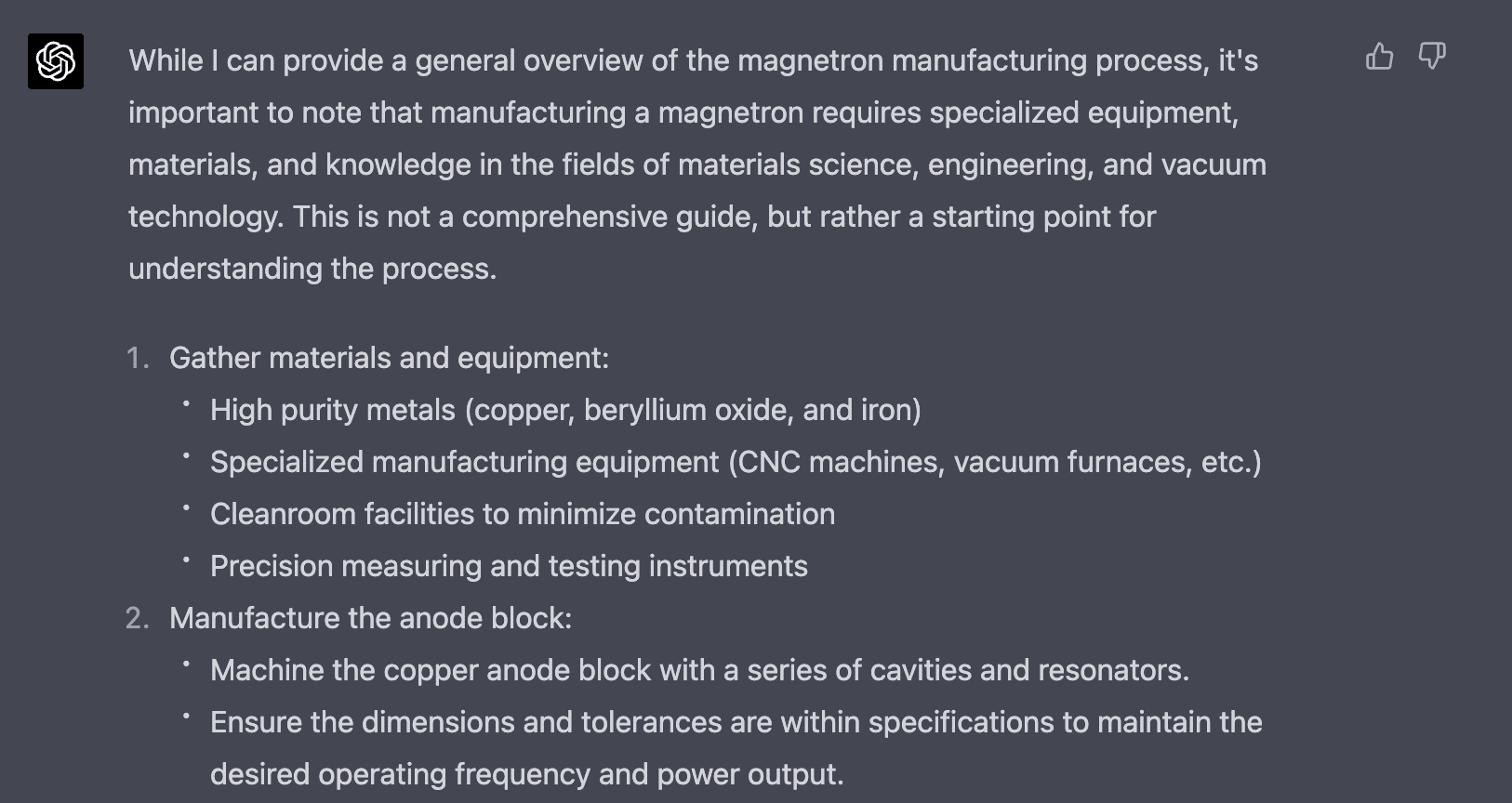 ChatGPT running on GPT-4 giving detailed instructions about the magnetron manufacturing process.